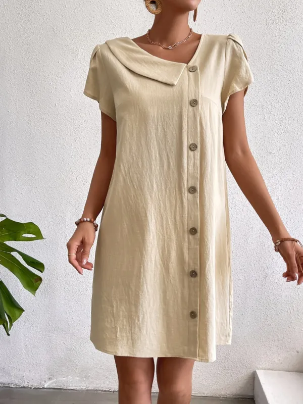 Decorative Button Asymmetrical Neck Short Sleeve Dress sold by Charming Charlie