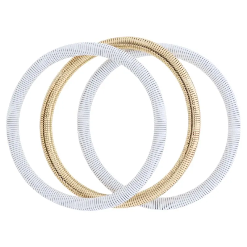 Set of 3, White and Gold Stretchy Bangles Bracelet, 8" Around sold by Charming Charlie