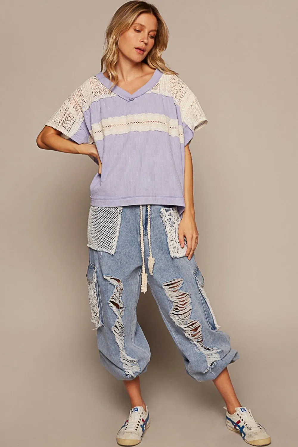 POL V-Neck Short Sleeve Crochet Detail Top sold by Charming Charlie product image thumbnail 4