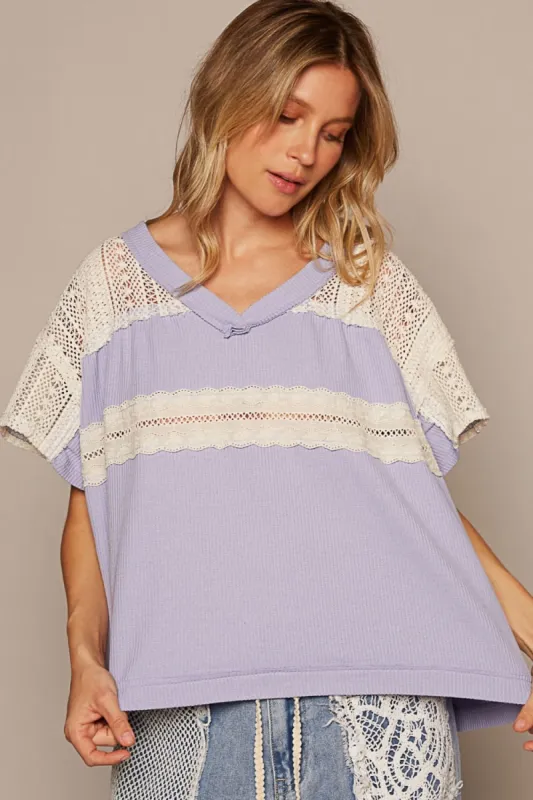 POL V-Neck Short Sleeve Crochet Detail Top sold by Charming Charlie