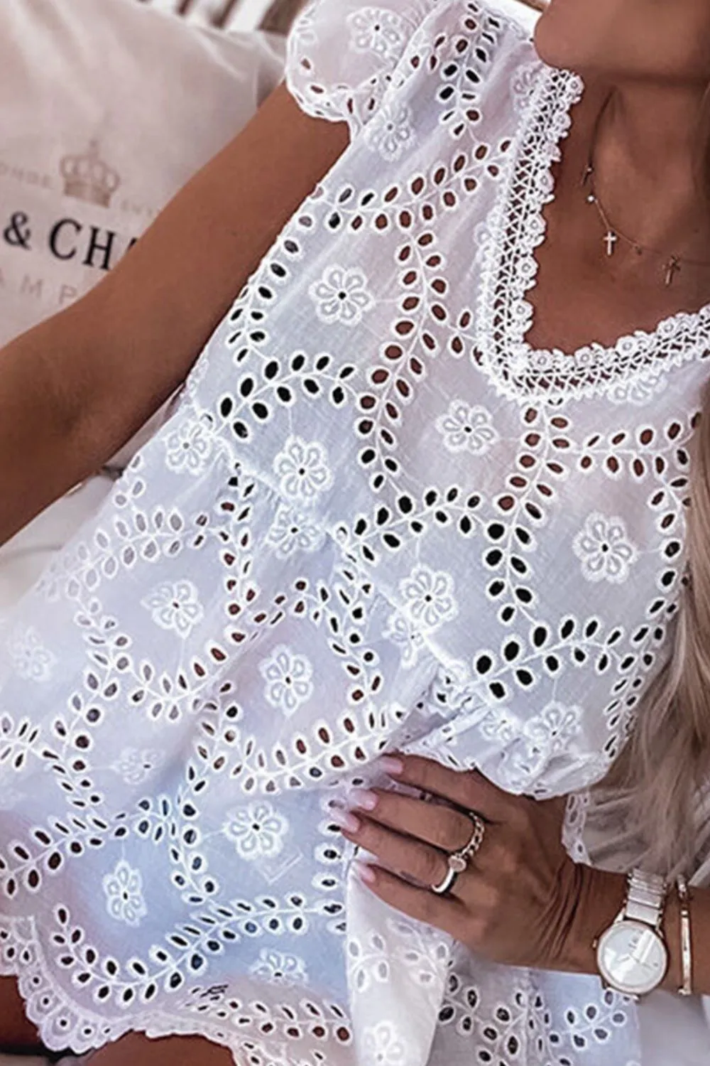 Eyelet V-Neck Cap Sleeve Blouse sold by Charming Charlie product image thumbnail 4