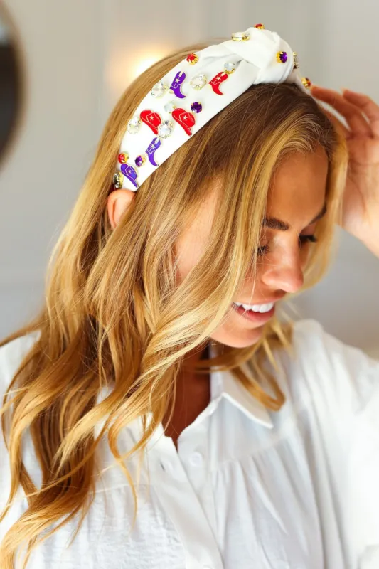 Red White & Blue Gem Cowboy Embellished Top Knot Headband sold by Charming Charlie