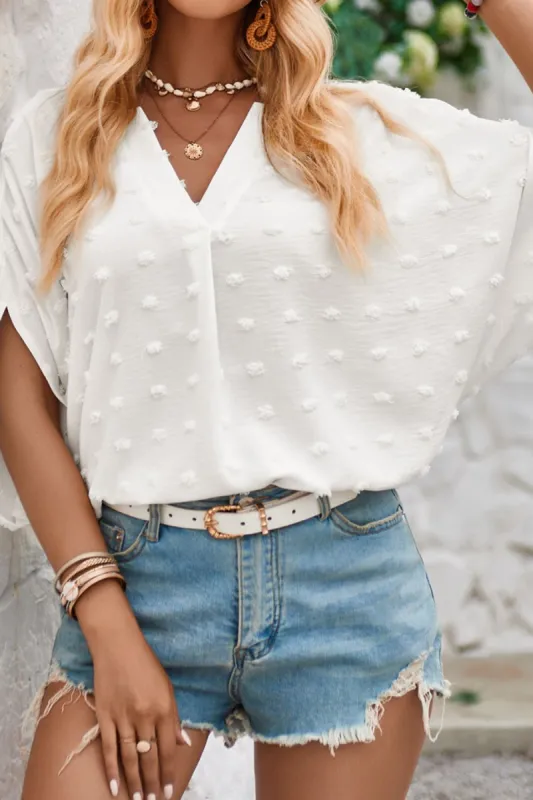 Swiss Dot Notched Half Sleeve Blouse sold by Charming Charlie