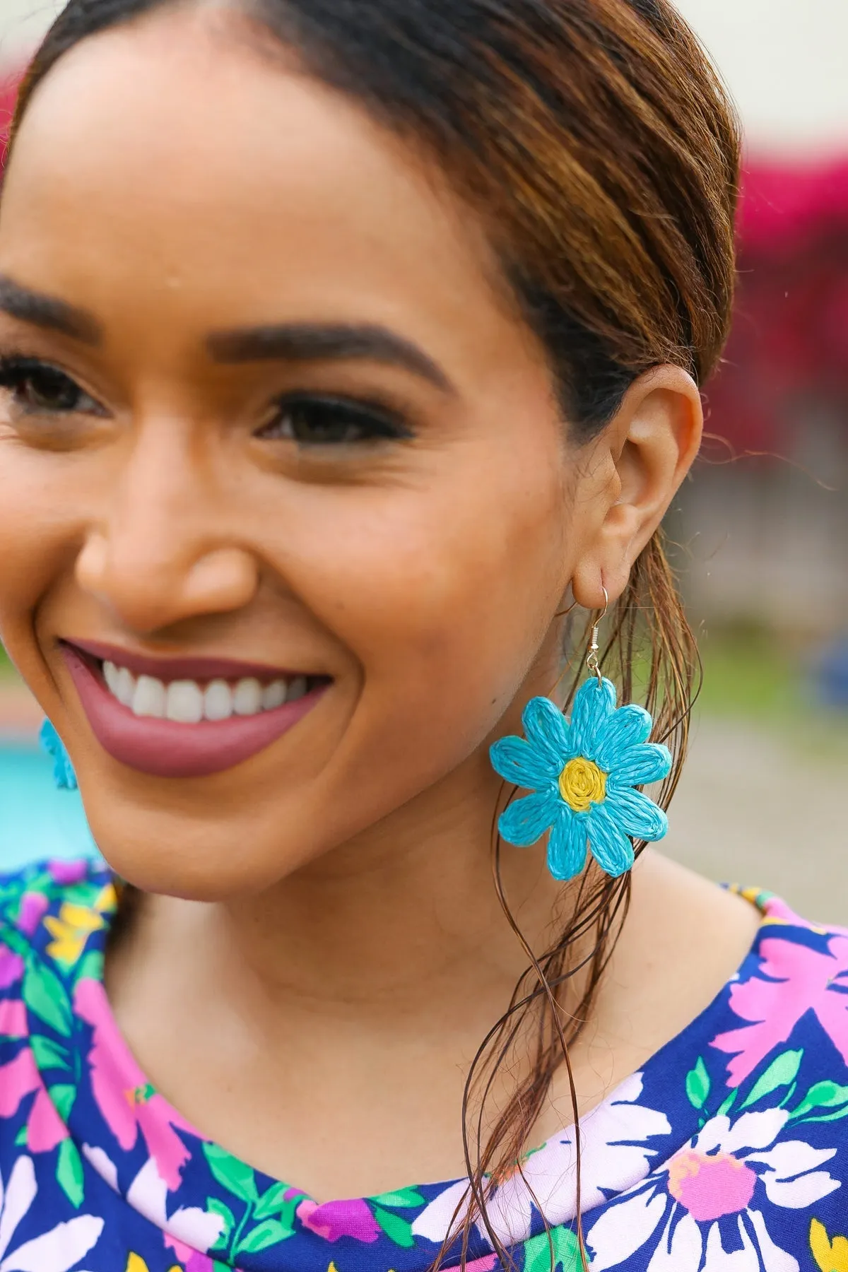 Sky Blue Daisy Flower Straw Dangle Earrings sold by Charming Charlie product image thumbnail 2