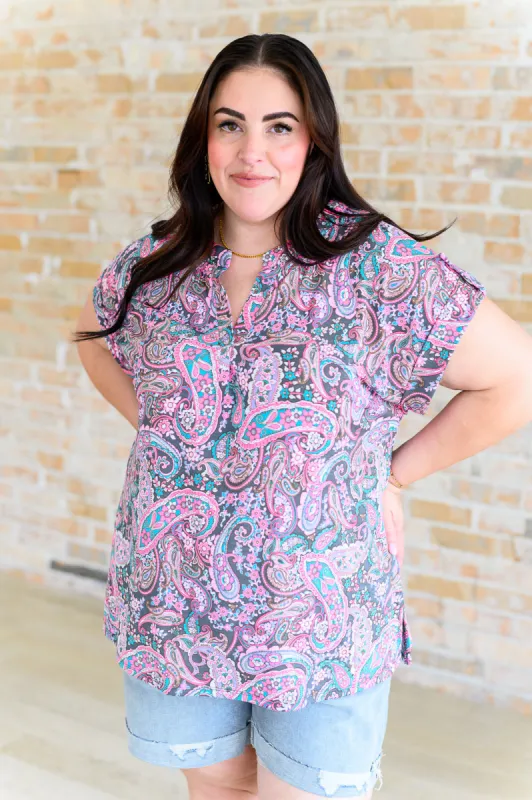 Lizzy Cap Sleeve Top in Charcoal and Pink Paisley sold by Charming Charlie