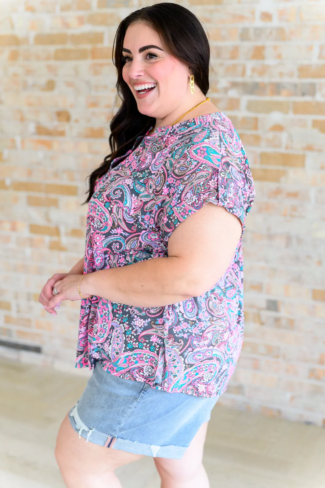 Lizzy Cap Sleeve Top in Charcoal and Pink Paisley sold by Charming Charlie product image thumbnail 5