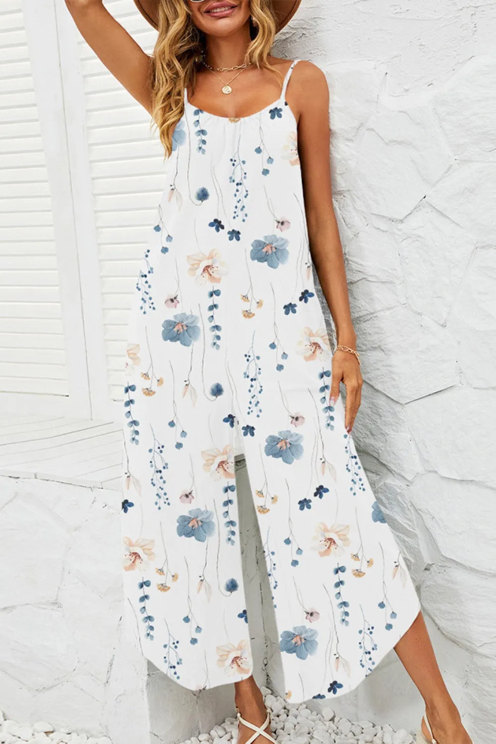 Printed Scoop Neck Wide Leg Jumpsuit sold by Charming Charlie