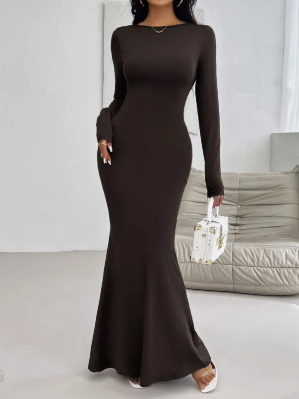 Devine Backless Round Neck Long Sleeve Maxi Dress sold by Charming Charlie