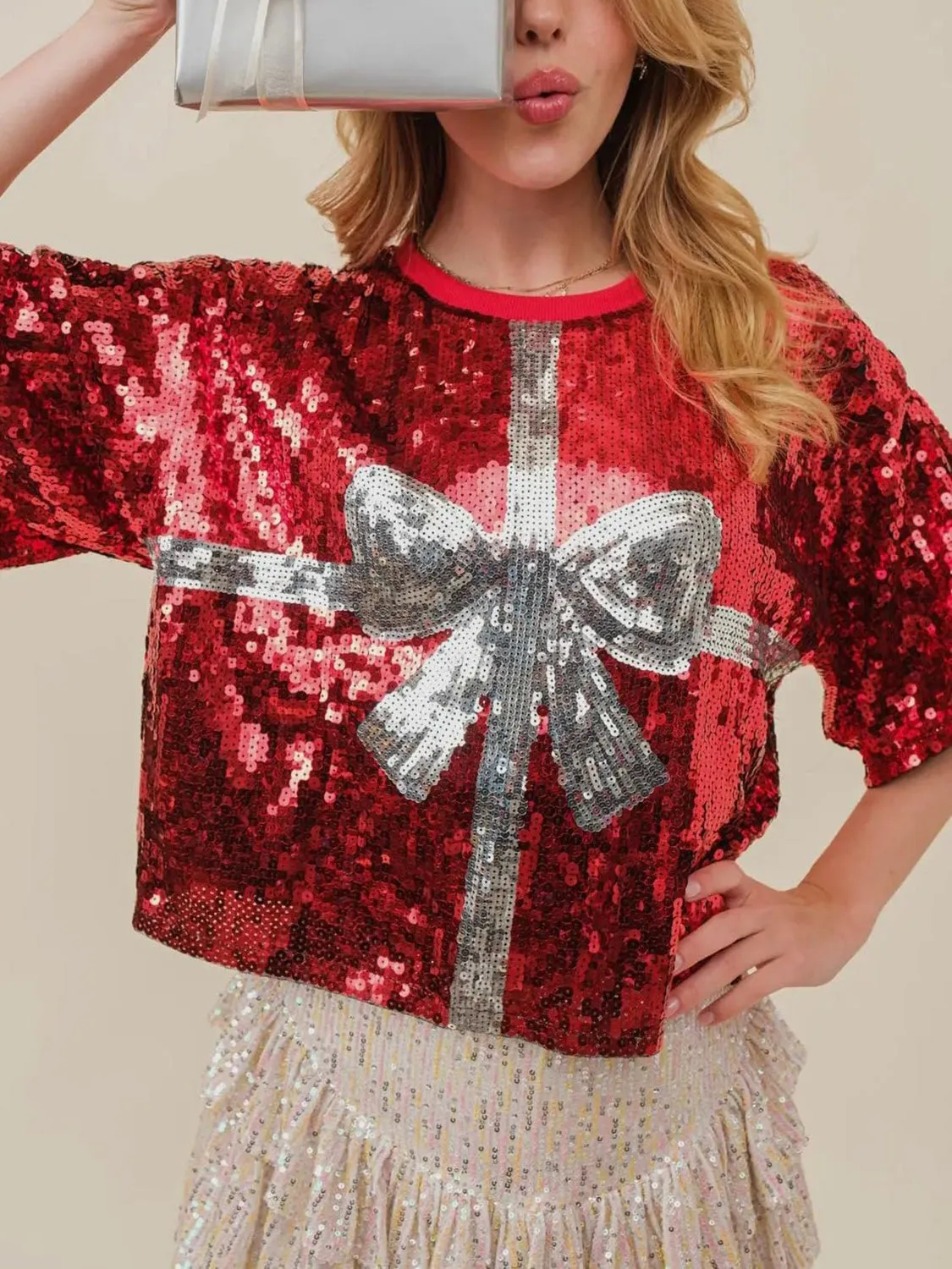 Sequin Bow Graphic Round Neck Half Sleeve T-Shirt sold by Charming Charlie