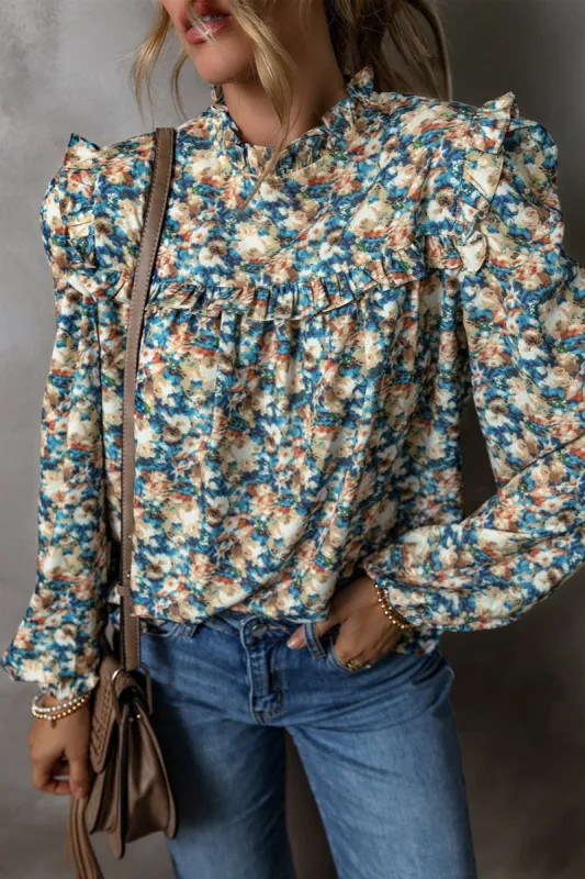 Frill Printed Mock Neck Long Sleeve Blouse sold by Charming Charlie