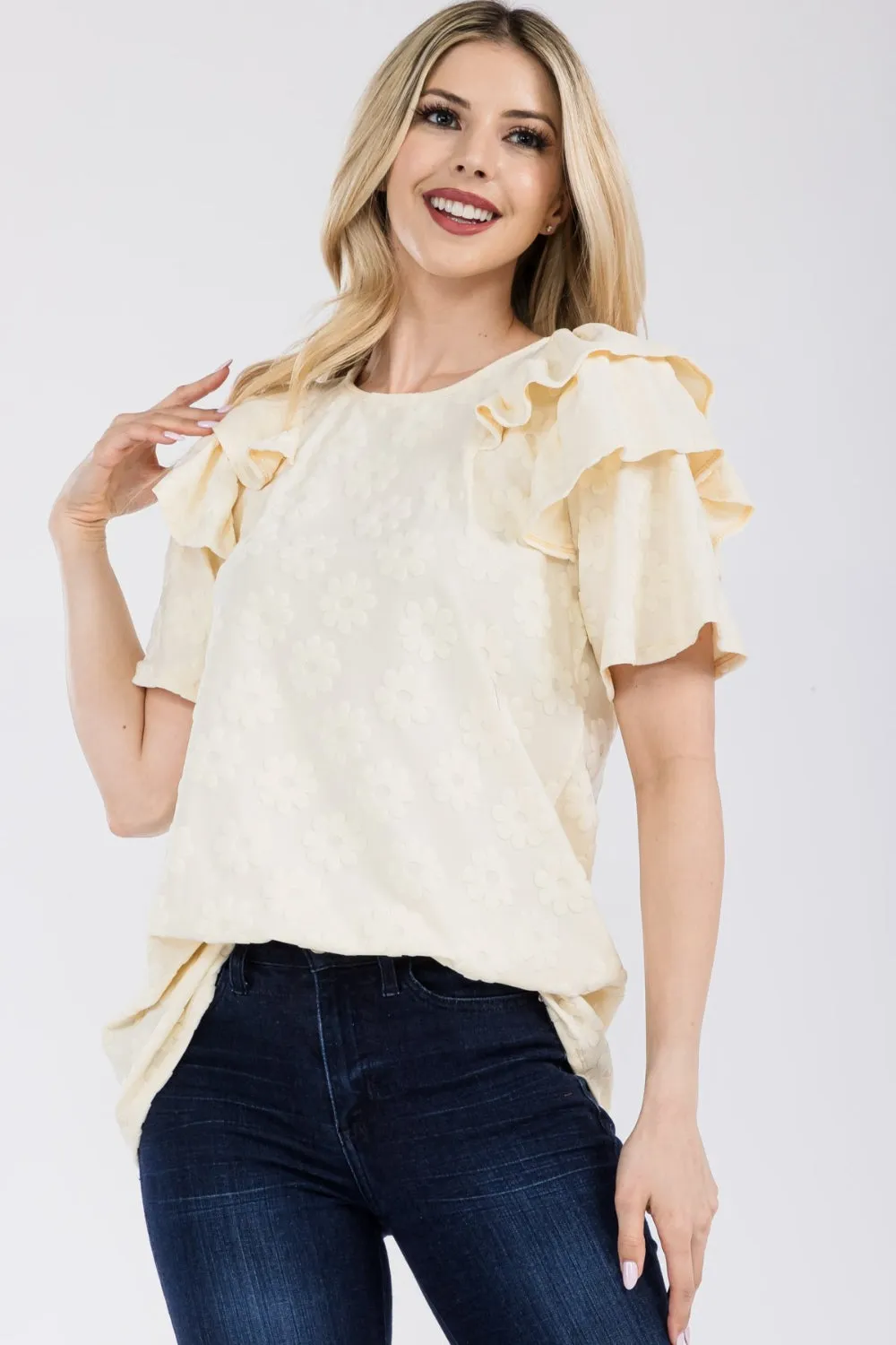 Celeste Full Size Ruffle Layered Short Sleeve Daisy Floral Top sold by Charming Charlie product image thumbnail 3