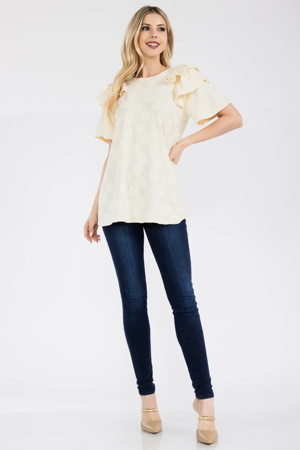 Celeste Full Size Ruffle Layered Short Sleeve Daisy Floral Top sold by Charming Charlie product image thumbnail 4