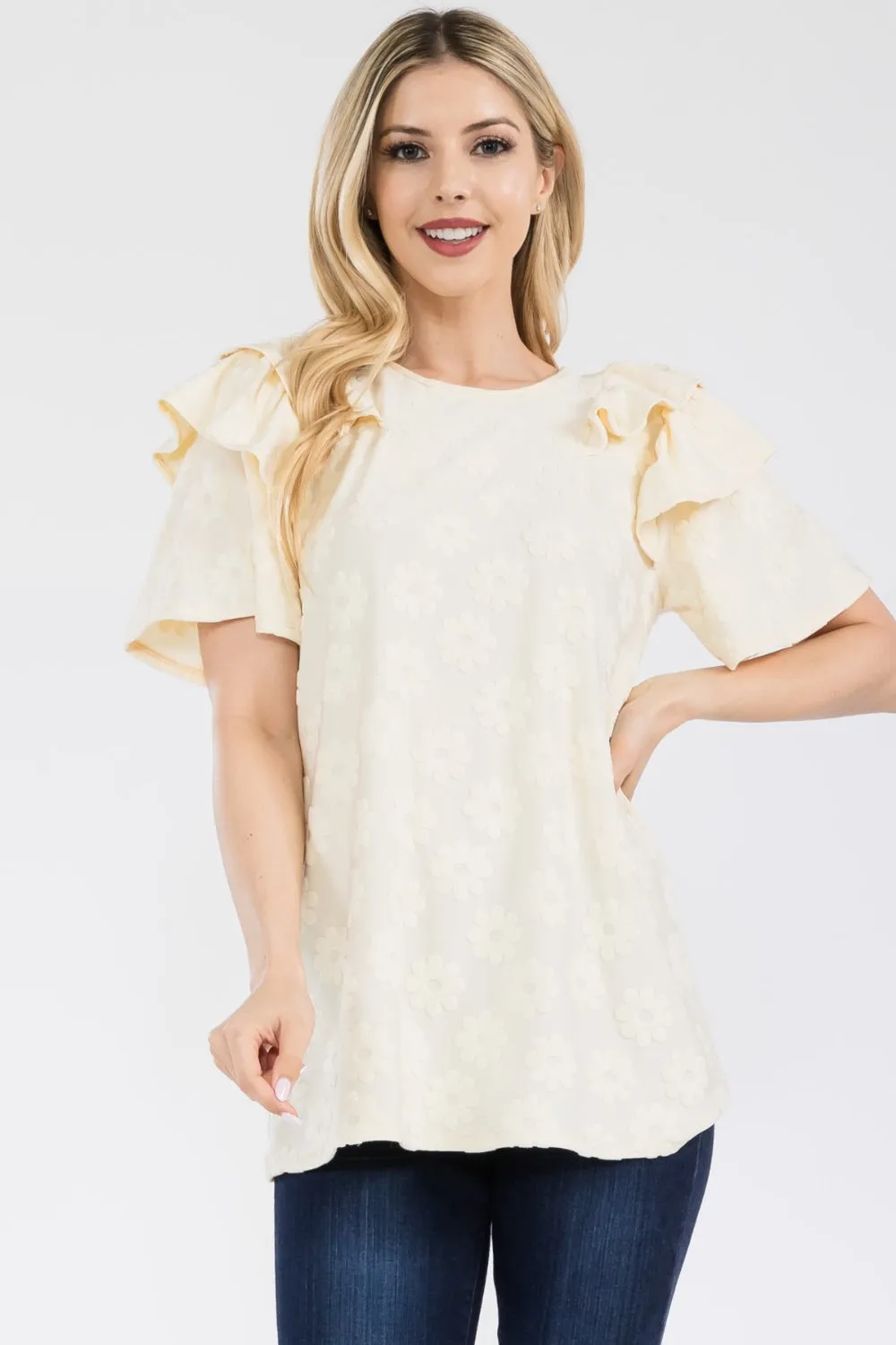 Celeste Full Size Ruffle Layered Short Sleeve Daisy Floral Top sold by Charming Charlie