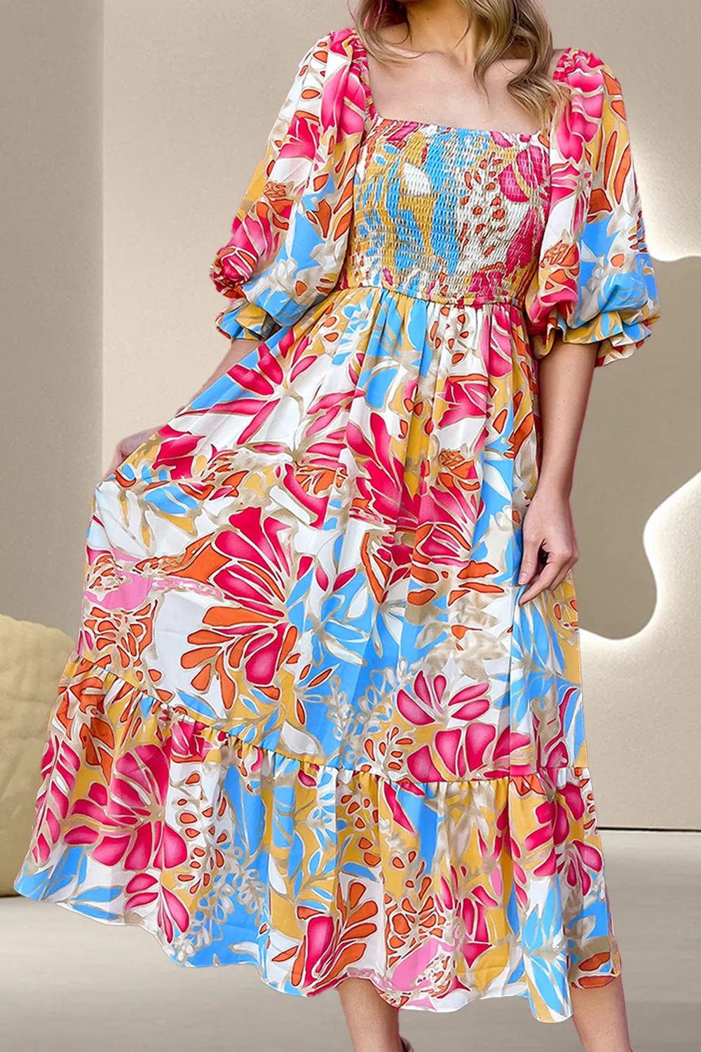 Smocked Printed Half Sleeve Midi Dress sold by Charming Charlie