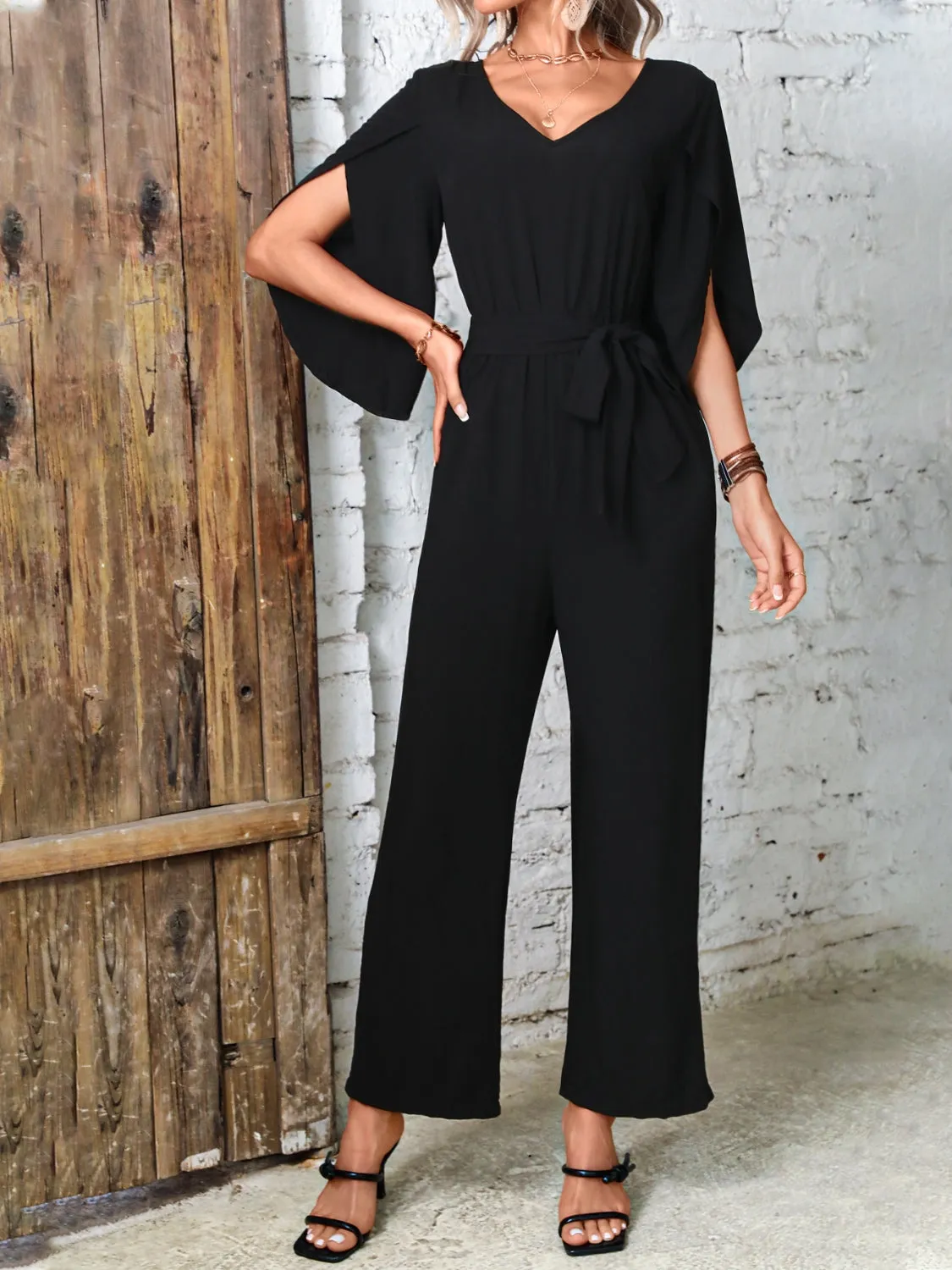 Tied V-Neck Half Sleeve Wide Leg Jumpsuit sold by Charming Charlie product image thumbnail 3