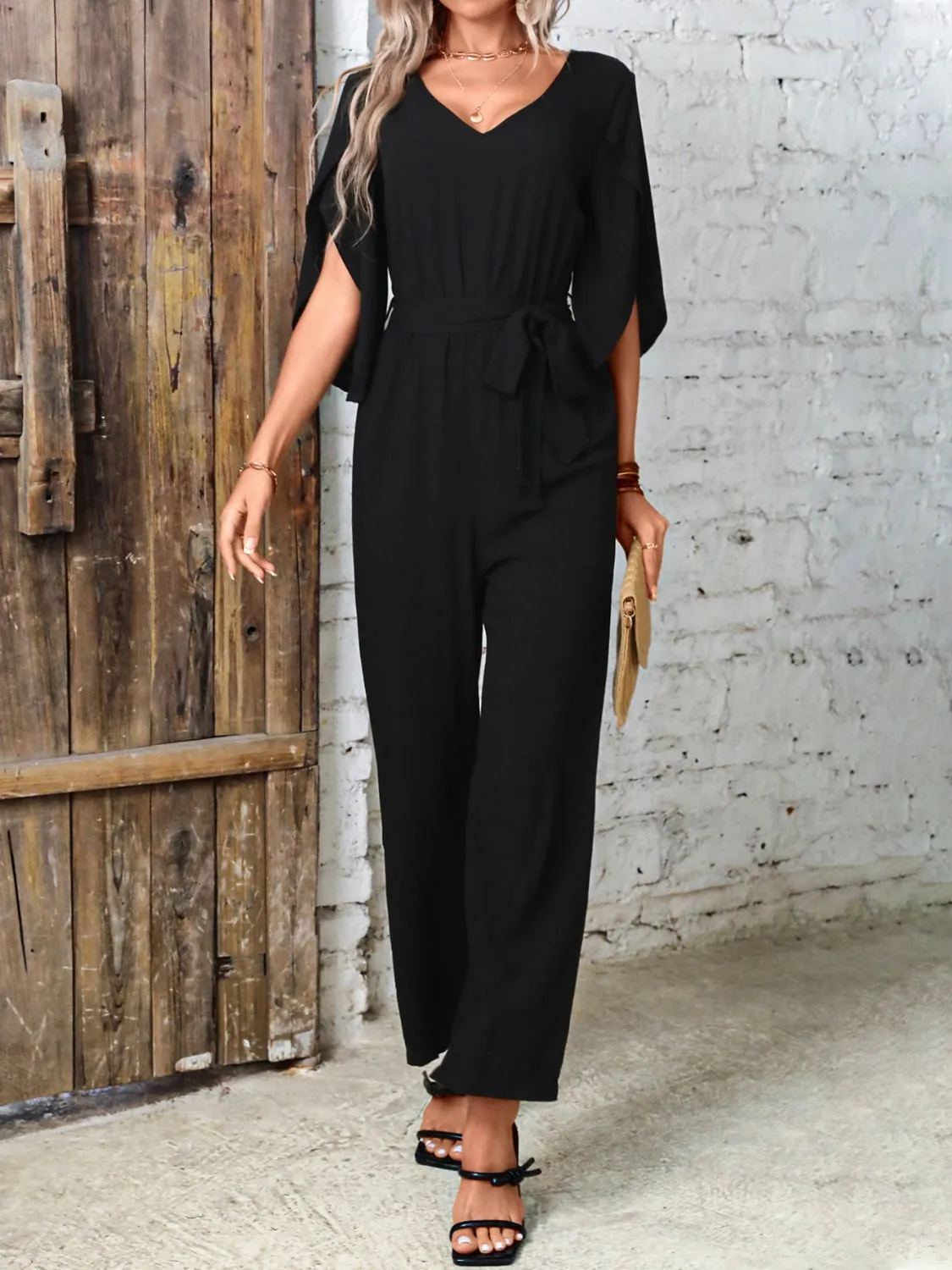 Tied V-Neck Half Sleeve Wide Leg Jumpsuit sold by Charming Charlie product image thumbnail 5