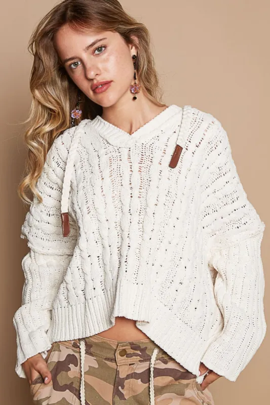 POL Rib Weave Sleeves Hooded Cable Knit Sweater sold by Charming Charlie