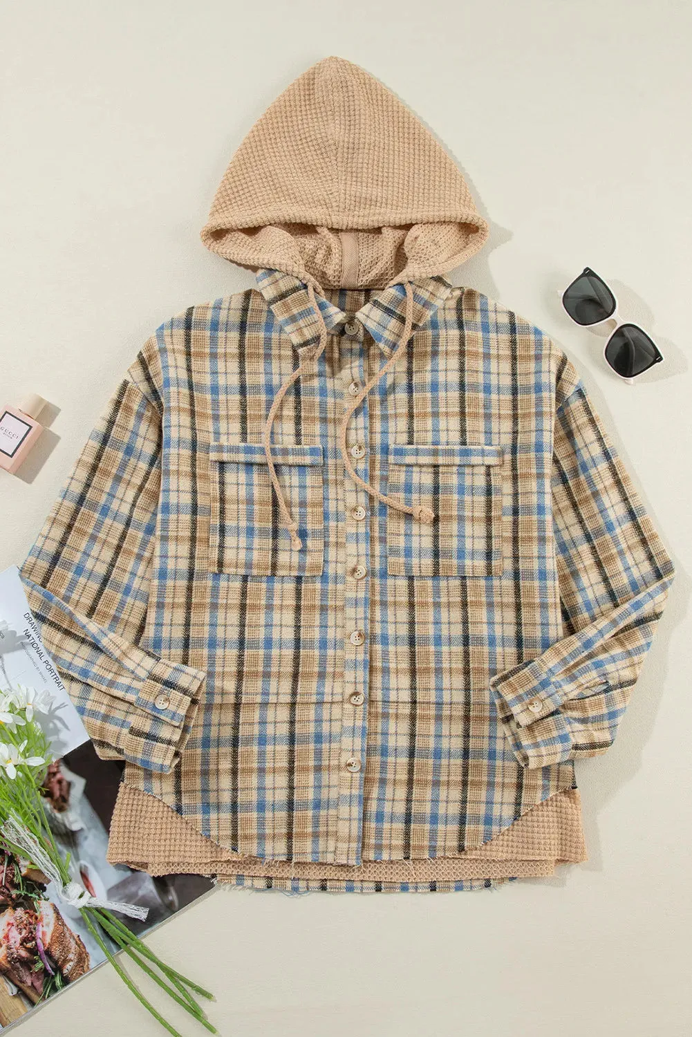 Drawstring Plaid Button Up Hooded Shacket sold by Charming Charlie product image thumbnail 3