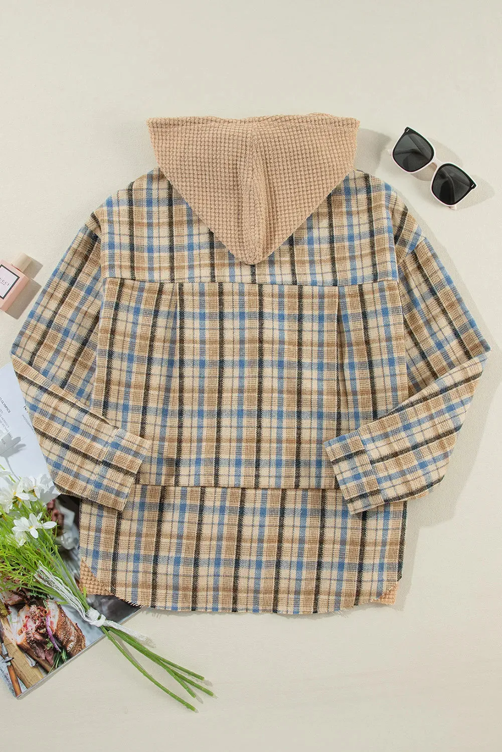 Drawstring Plaid Button Up Hooded Shacket sold by Charming Charlie product image thumbnail 4