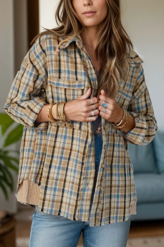 Drawstring Plaid Button Up Hooded Shacket sold by Charming Charlie
