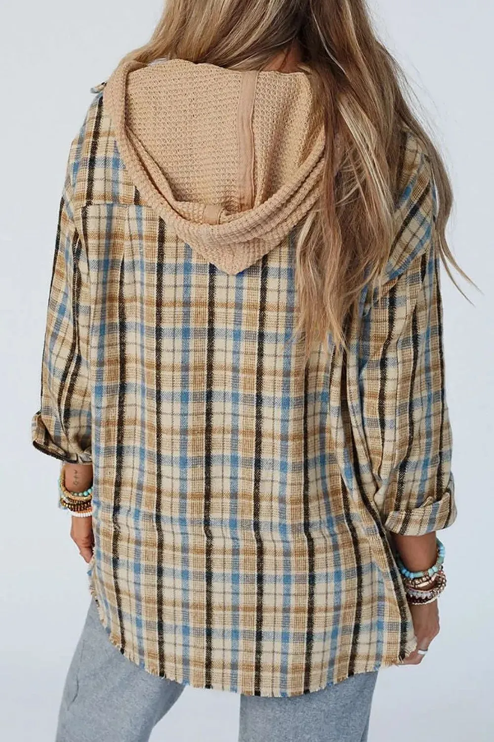 Drawstring Plaid Button Up Hooded Shacket sold by Charming Charlie product image thumbnail 2