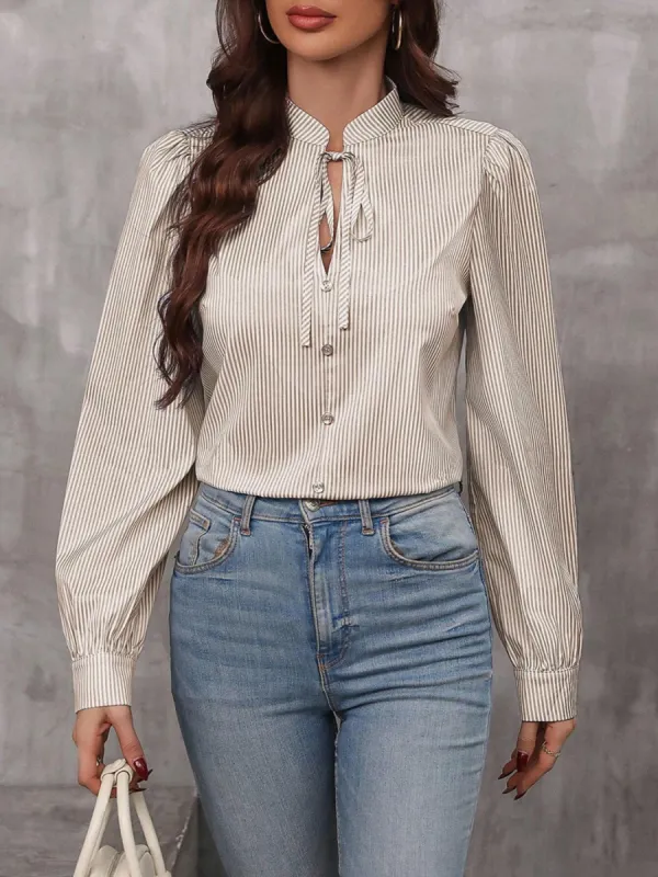 Striped Tie Neck Long Sleeve Blouse sold by Charming Charlie