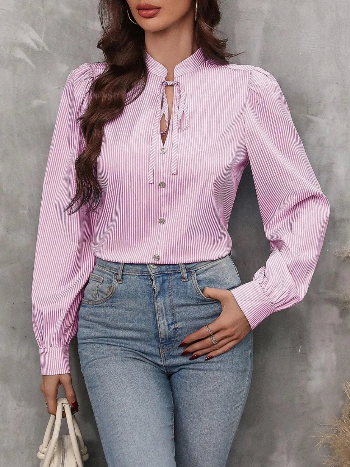 Striped Tie Neck Long Sleeve Blouse sold by Charming Charlie product image thumbnail 5