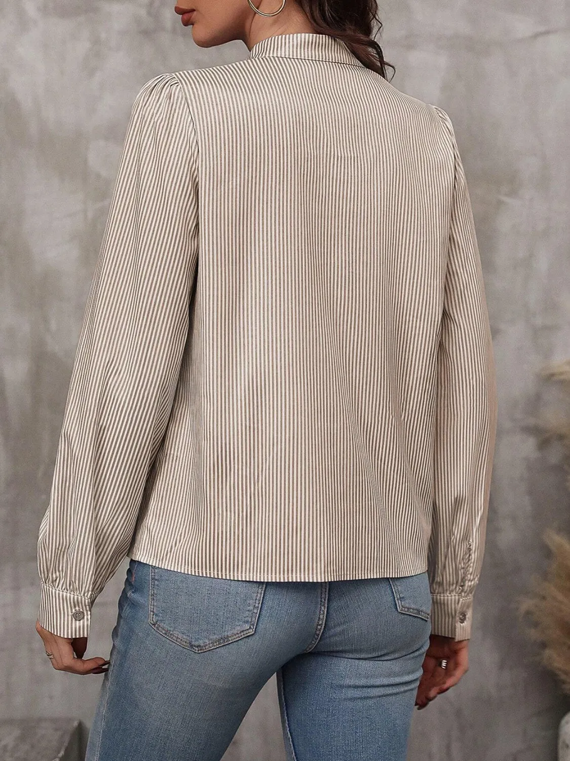 Striped Tie Neck Long Sleeve Blouse sold by Charming Charlie product image thumbnail 2