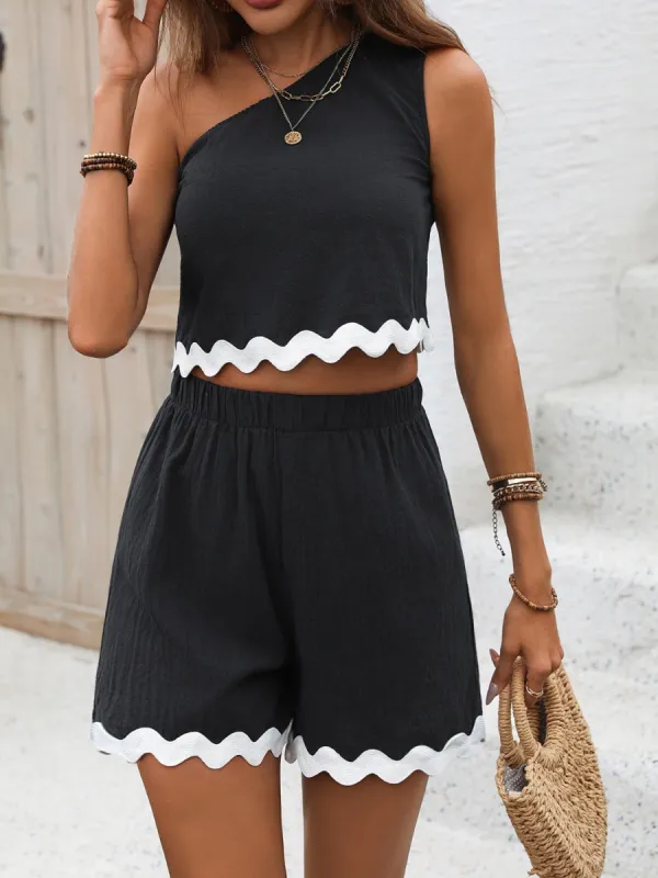 Contrast Trim Single Shoulder Top and Shorts Set sold by Charming Charlie