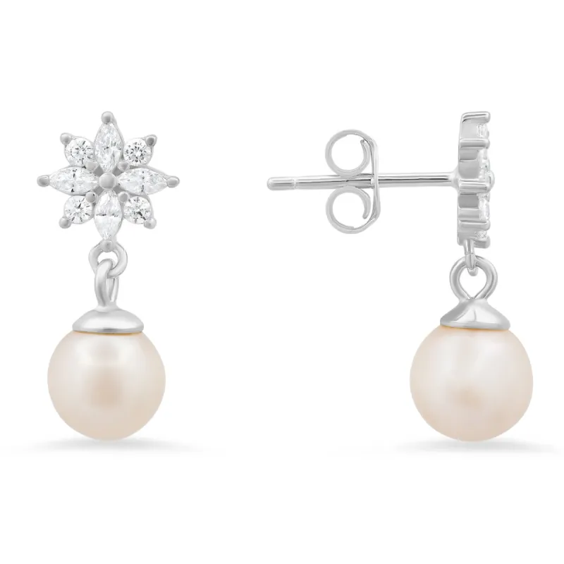 Sterling Silver Dangling Floral CZ & Dangling Pearl Stud Earrings sold by Charming Charlie