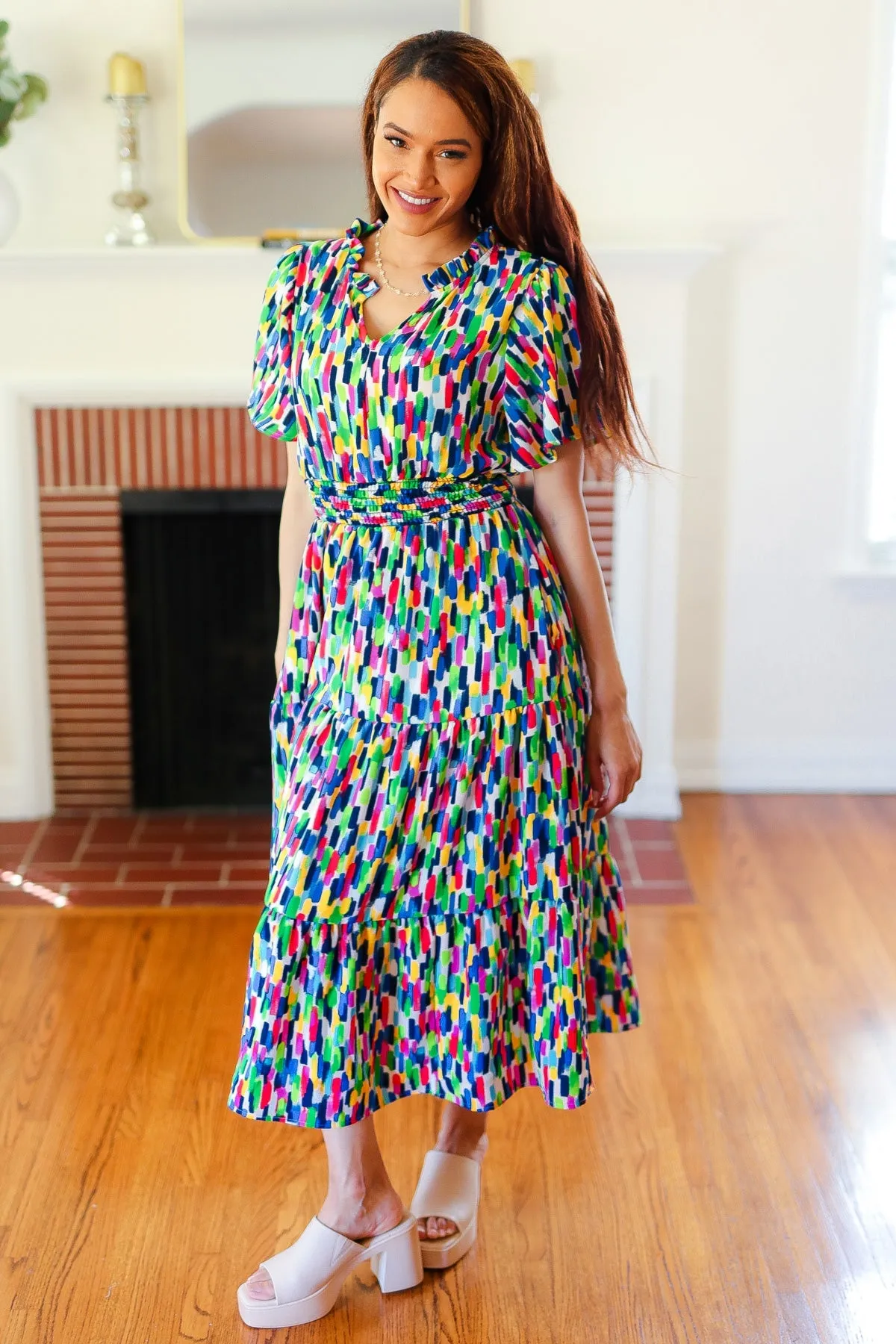 All For You Navy Multicolor Abstract Print Smocked Waist Maxi Dress sold by Charming Charlie product image thumbnail 2