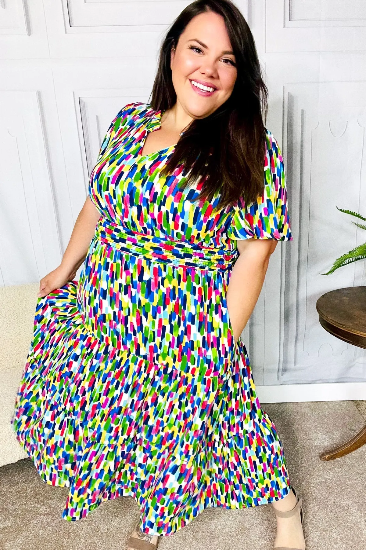All For You Navy Multicolor Abstract Print Smocked Waist Maxi Dress sold by Charming Charlie