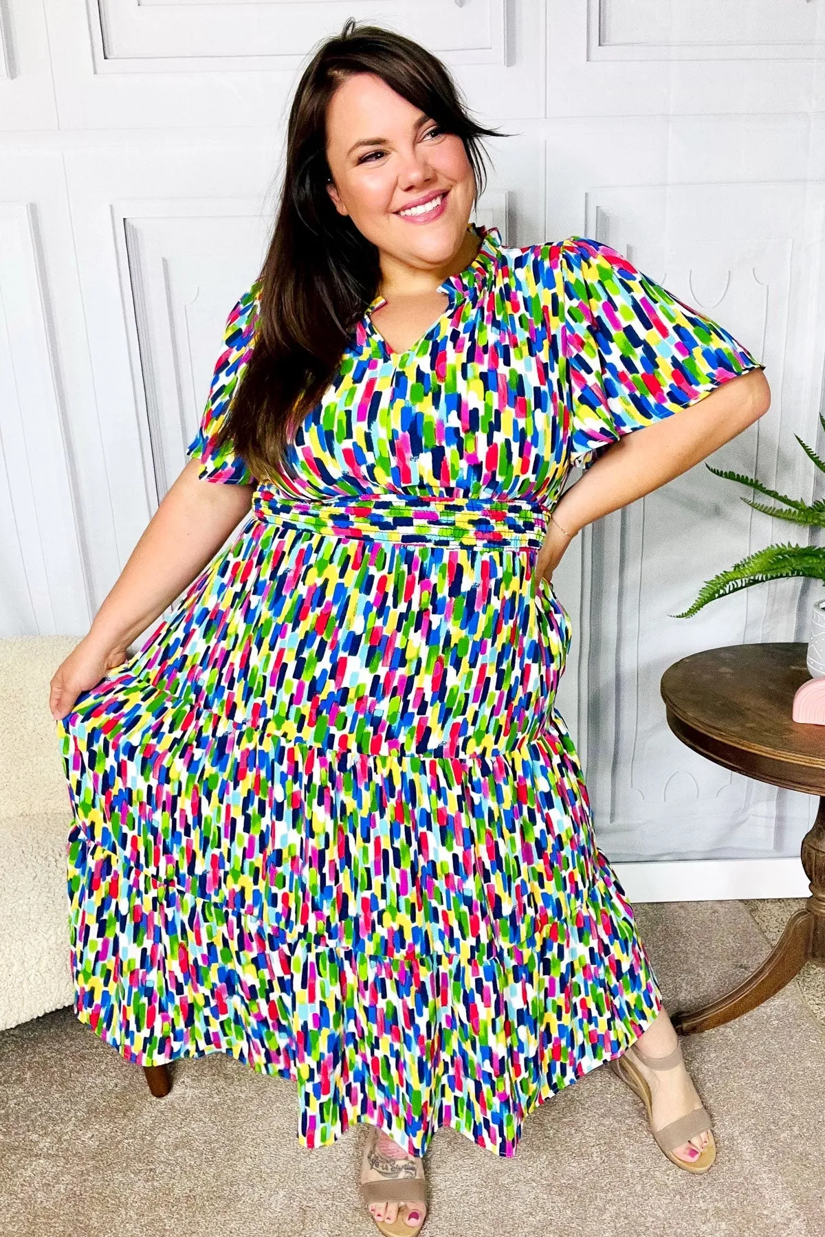 All For You Navy Multicolor Abstract Print Smocked Waist Maxi Dress sold by Charming Charlie product image thumbnail 4