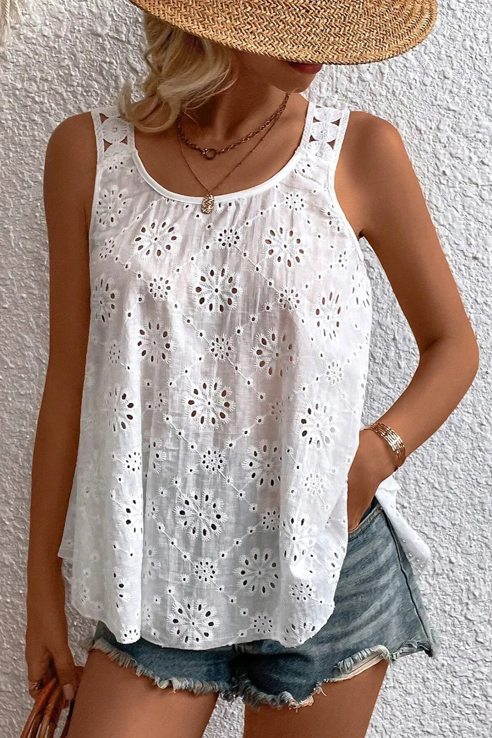 Eyelet Round Neck Wide Strap Tank sold by Charming Charlie