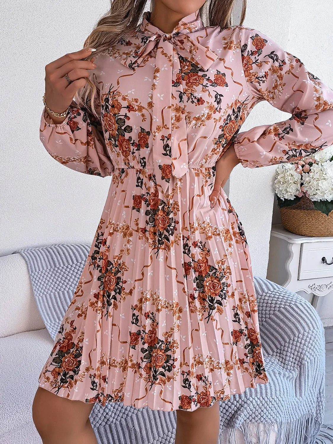 Pleated Printed Tie Neck Long Sleeve Dress sold by Charming Charlie product image thumbnail 3