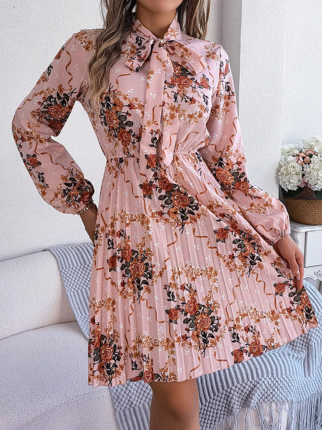Pleated Printed Tie Neck Long Sleeve Dress sold by Charming Charlie product image thumbnail 5