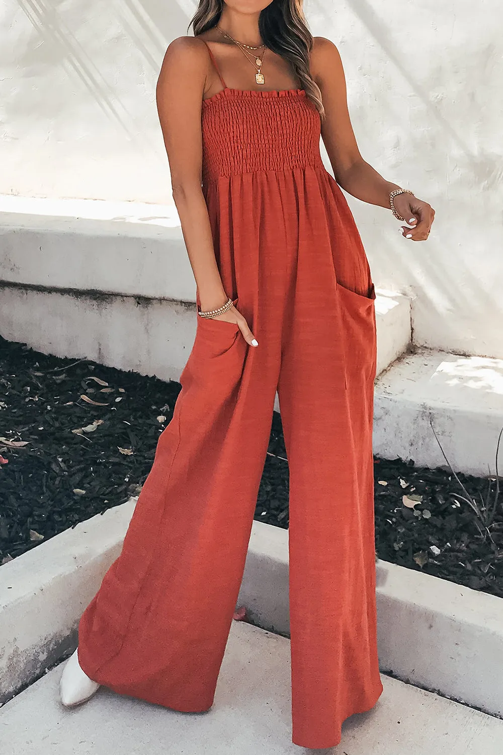 Smocked Spaghetti Strap Wide Leg Jumpsuit sold by Charming Charlie