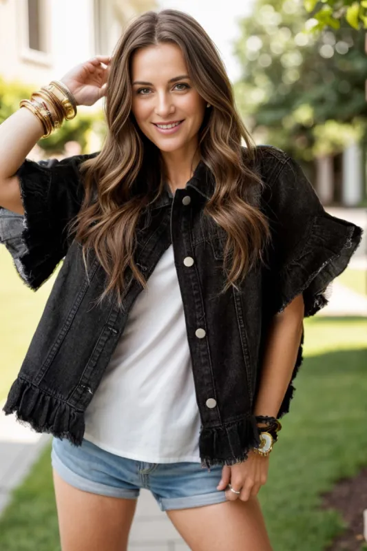 Raw Hem Button Up Denim Top sold by Charming Charlie