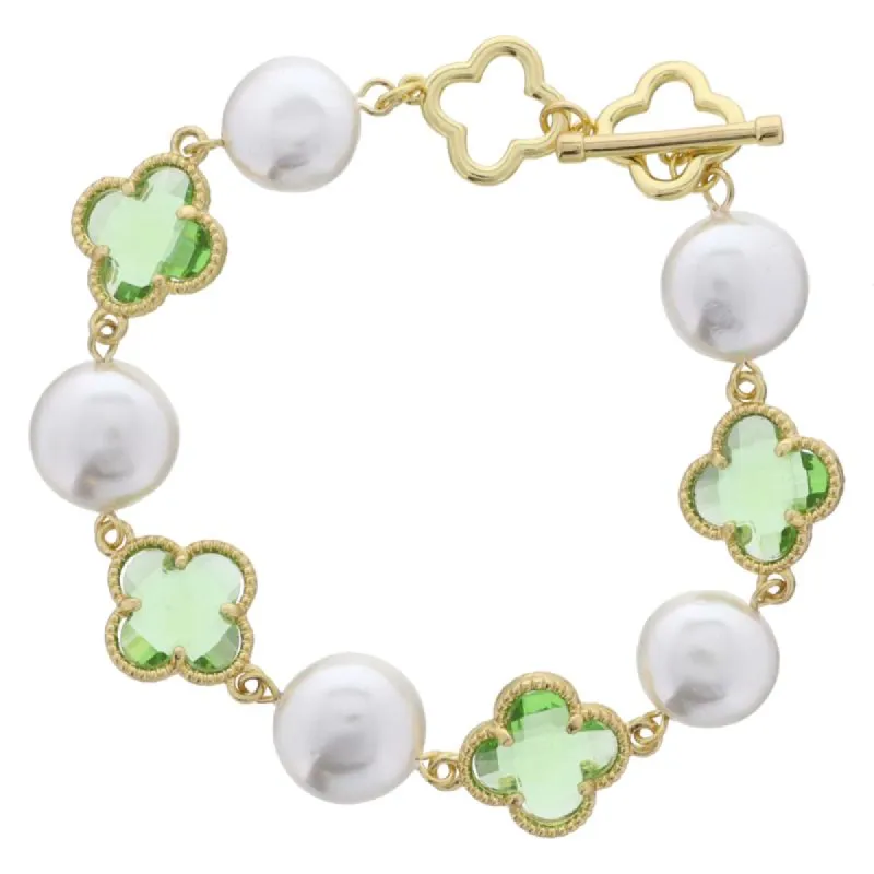18K Gold Plated Alternating Coin Pearls & Light Green Crystal Clovers Bracelet, .5", .65" Pendants sold by Charming Charlie