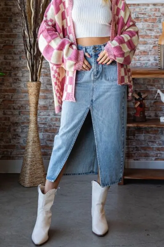 Veveret Slit Mid Rise Waist Denim Skirt sold by Charming Charlie