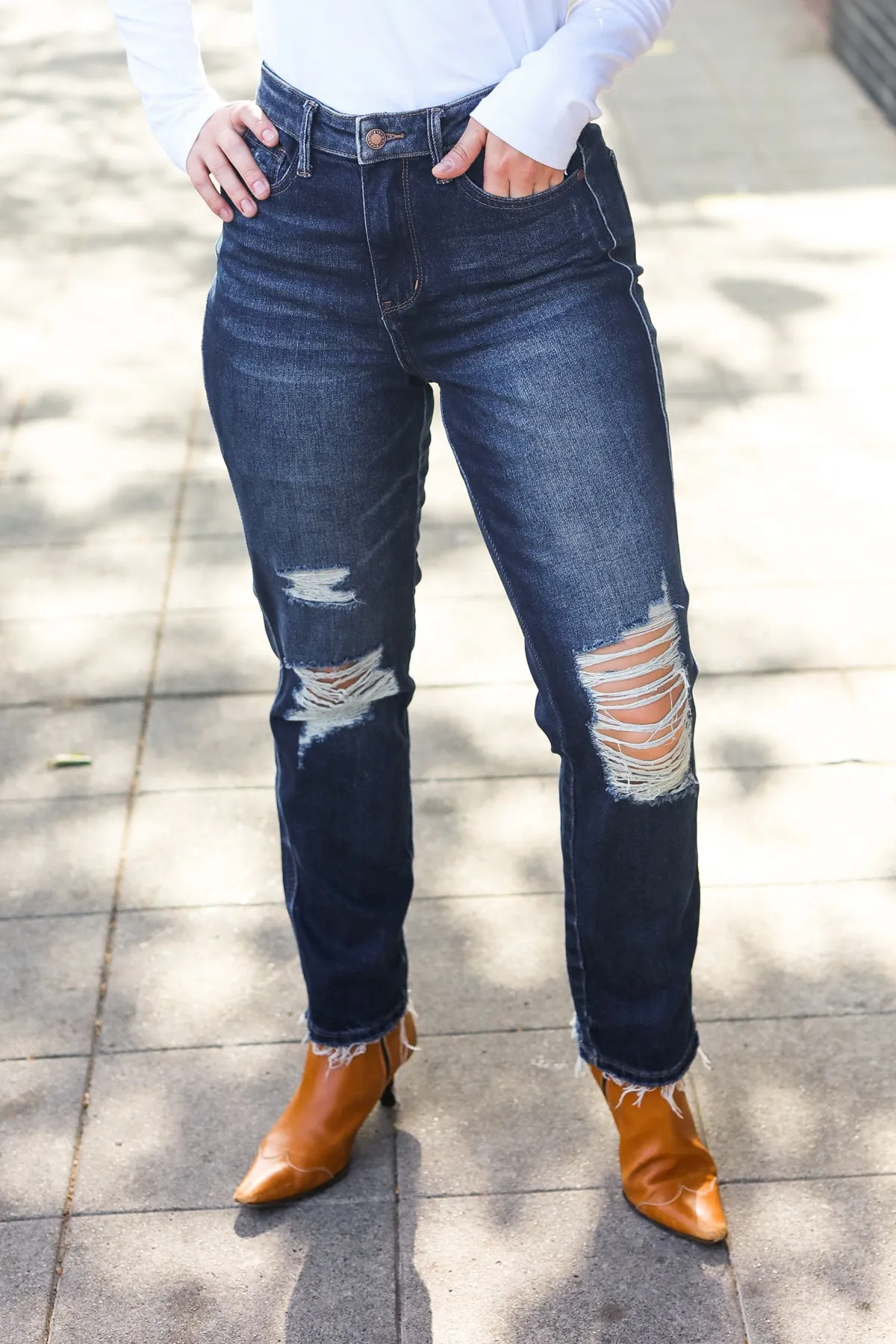 Judy Blue Dark Wash Mid Rise Distressed Straight Leg Jeans sold by Charming Charlie