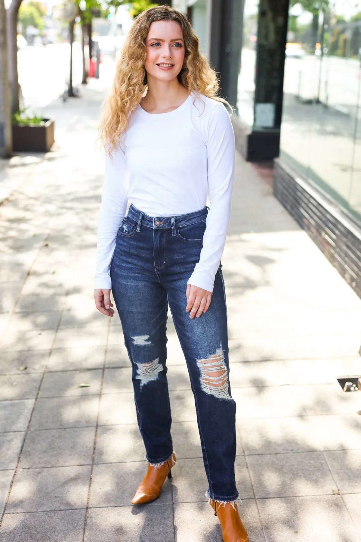 Judy Blue Dark Wash Mid Rise Distressed Straight Leg Jeans sold by Charming Charlie product image thumbnail 4