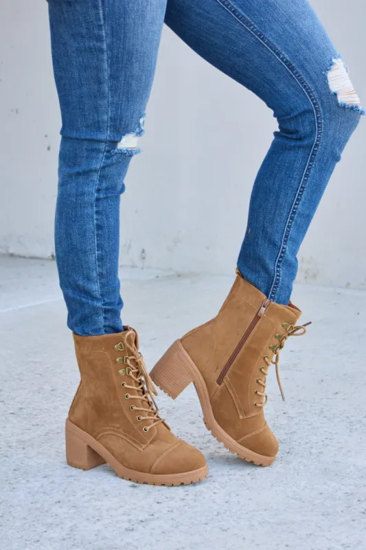 Forever Link Lace-Up Zipper Detail Block Heel Boots sold by Charming Charlie