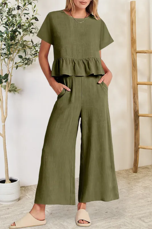 Peplum Round Neck Short Sleeve Top and Pants Set sold by Charming Charlie