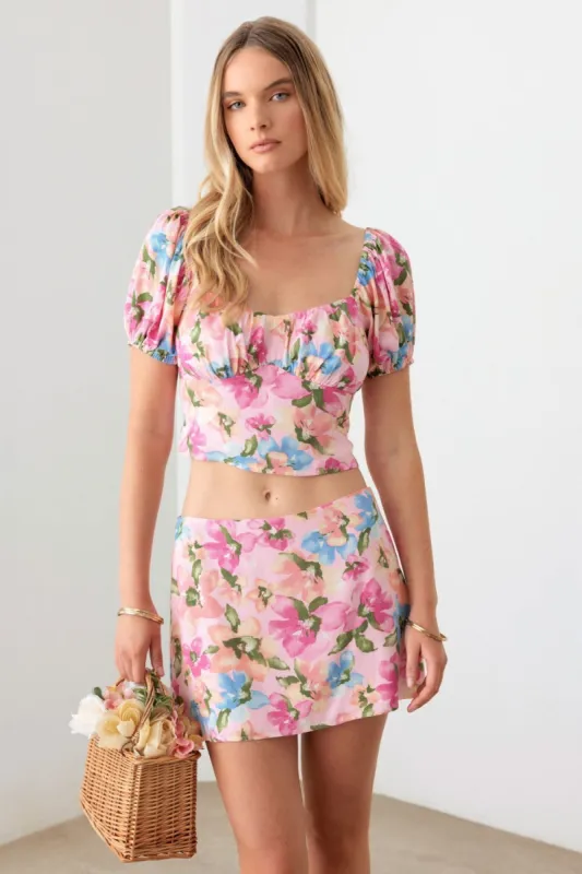 Le Lis Floral Puff Sleeve Crop Top and Mini Skirt Set sold by Charming Charlie