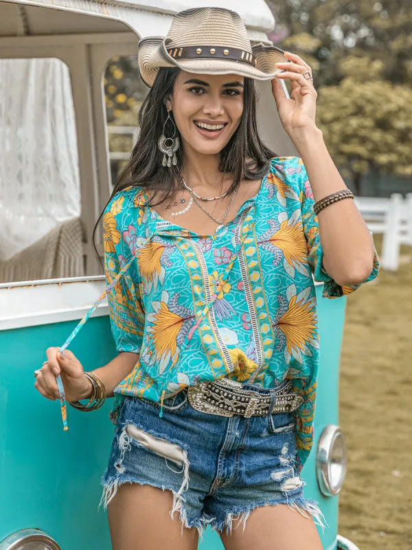 Printed Tie Neck Half Sleeve Blouse sold by Charming Charlie