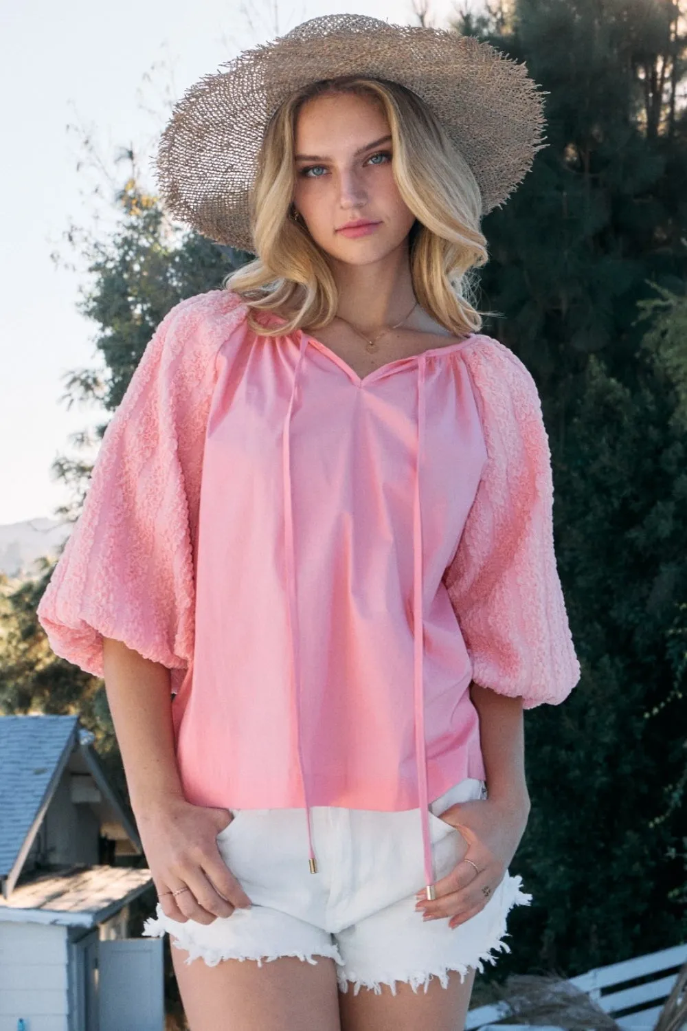 ODDI Full Size Poplin Bubble Sleeve Blouse sold by Charming Charlie
