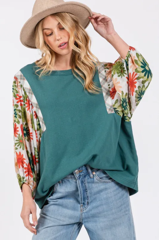 SAGE + FIG Full Size Printed Balloon Sleeve Contrast Top sold by Charming Charlie
