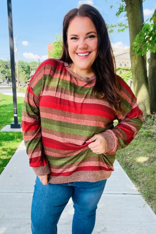 Perfectly You Olive & Mauve Stripe Two-Tone Banded Sweater Top sold by Charming Charlie