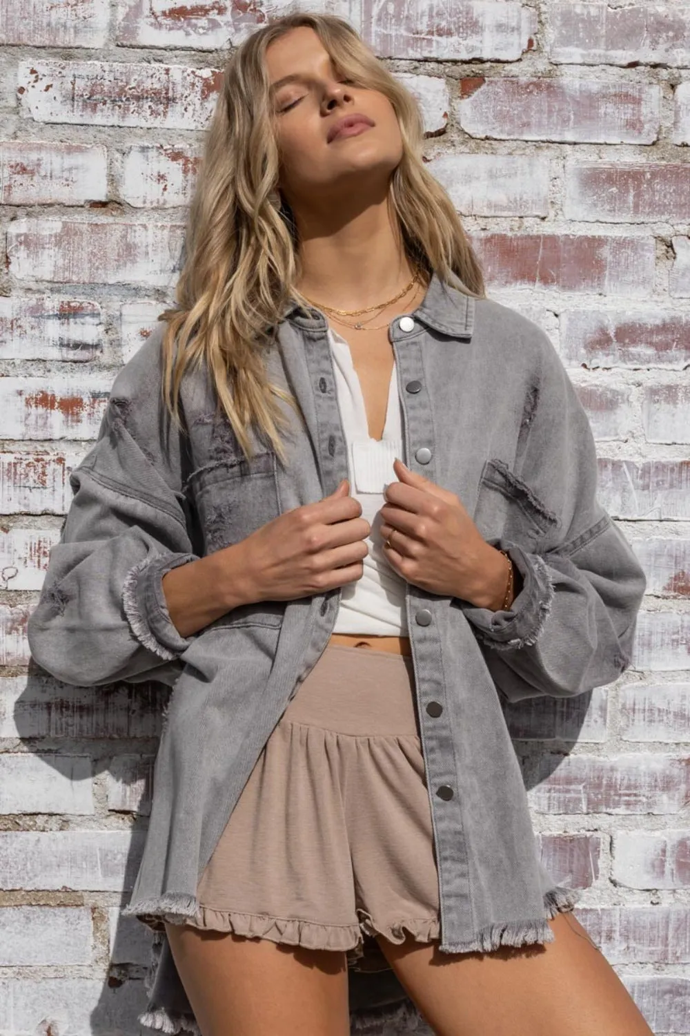 POL Button Down Raw Hem Distressed Shacket sold by Charming Charlie product image thumbnail 2